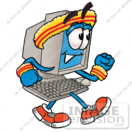 #23455 Clip Art Graphic of a Desktop Computer Cartoon Character Speed Walking or Jogging by toons4biz