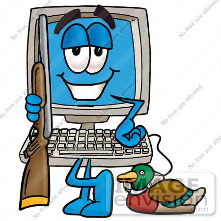 #23457 Clip Art Graphic of a Desktop Computer Cartoon Character Duck Hunting, Standing With a Rifle and Duck by toons4biz
