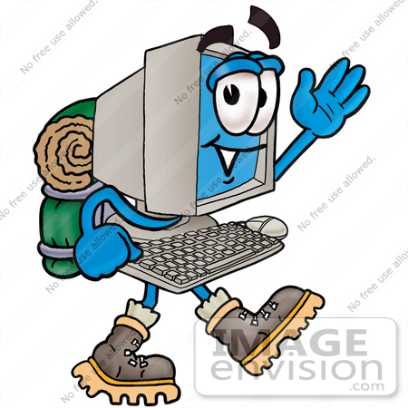 #23461 Clip Art Graphic of a Desktop Computer Cartoon Character Hiking and Carrying a Backpack by toons4biz