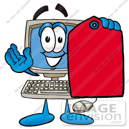 #23462 Clip Art Graphic of a Desktop Computer Cartoon Character Holding a Red Sales Price Tag by toons4biz