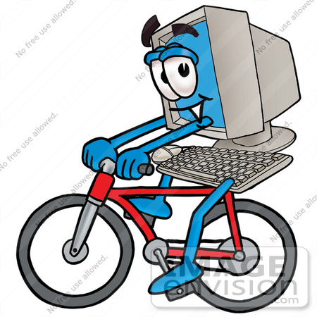 #23464 Clip Art Graphic of a Desktop Computer Cartoon Character Riding a Bicycle by toons4biz