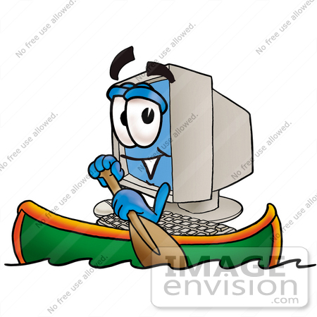 #23468 Clip Art Graphic of a Desktop Computer Cartoon Character Rowing a Boat by toons4biz