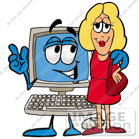#23471 Clip Art Graphic of a Desktop Computer Cartoon Character Talking to a Pretty Blond Woman by toons4biz