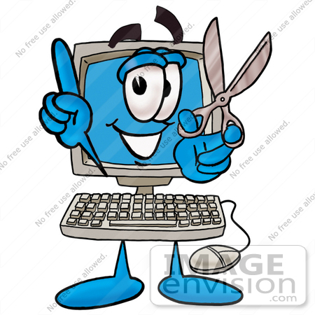 #23473 Clip Art Graphic of a Desktop Computer Cartoon Character Holding a Pair of Scissors by toons4biz