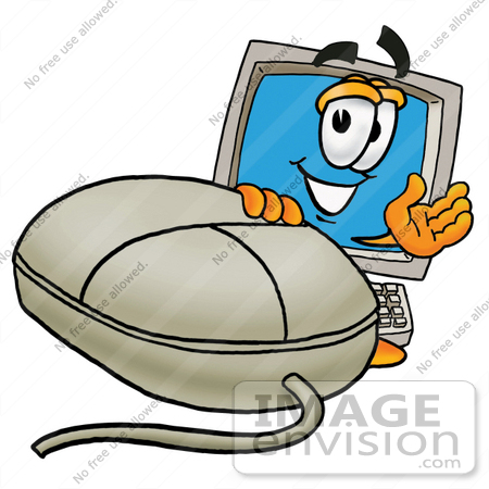 #23478 Clip Art Graphic of a Desktop Computer Cartoon Character With a Computer Mouse by toons4biz
