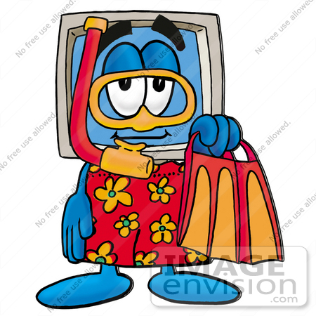#23479 Clip Art Graphic of a Desktop Computer Cartoon Character in Orange and Red Snorkel Gear by toons4biz