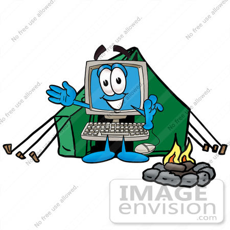 #23483 Clip Art Graphic of a Desktop Computer Cartoon Character Camping With a Tent and Fire by toons4biz