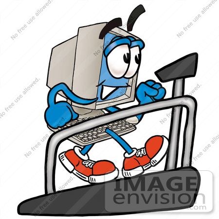 #23486 Clip Art Graphic of a Desktop Computer Cartoon Character Walking on a Treadmill in a Fitness Gym by toons4biz