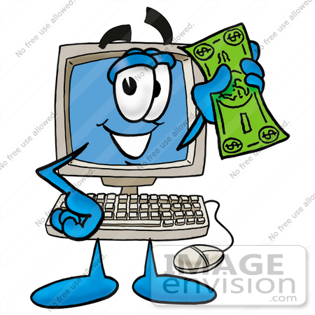 #23489 Clip Art Graphic of a Desktop Computer Cartoon Character Holding a Dollar Bill by toons4biz