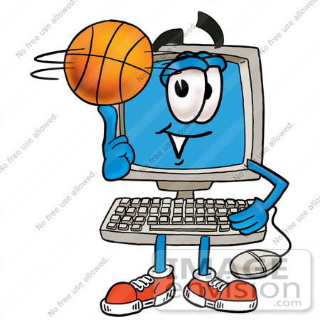 #23490 Clip Art Graphic of a Desktop Computer Cartoon Character Spinning a Basketball on His Finger by toons4biz