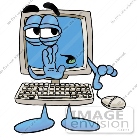 #23493 Clip Art Graphic of a Desktop Computer Cartoon Character Whispering and Gossiping by toons4biz