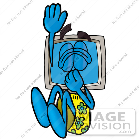 #23496 Clip Art Graphic of a Desktop Computer Cartoon Character Plugging His Nose While Jumping Into Water by toons4biz