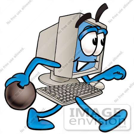 #23497 Clip Art Graphic of a Desktop Computer Cartoon Character Holding a Bowling Ball by toons4biz