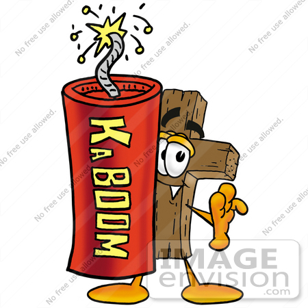 #23504 Clip Art Graphic of a Wooden Cross Cartoon Character Standing With a Lit Stick of Dynamite by toons4biz