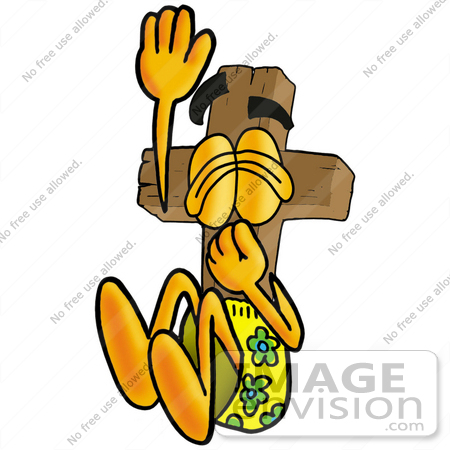 #23506 Clip Art Graphic of a Wooden Cross Cartoon Character Plugging His Nose While Jumping Into Water by toons4biz