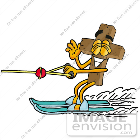 #23507 Clip Art Graphic of a Wooden Cross Cartoon Character Waving While Water Skiing by toons4biz