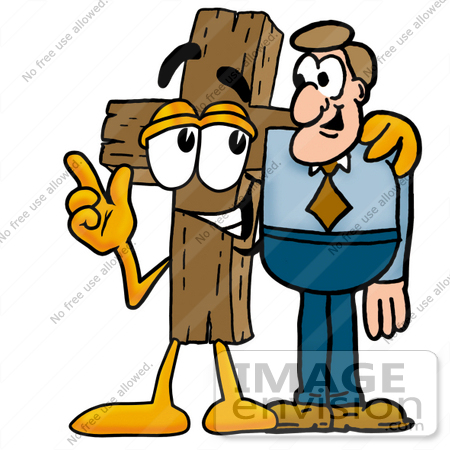 #23508 Clip Art Graphic of a Wooden Cross Cartoon Character Talking to a Business Man by toons4biz