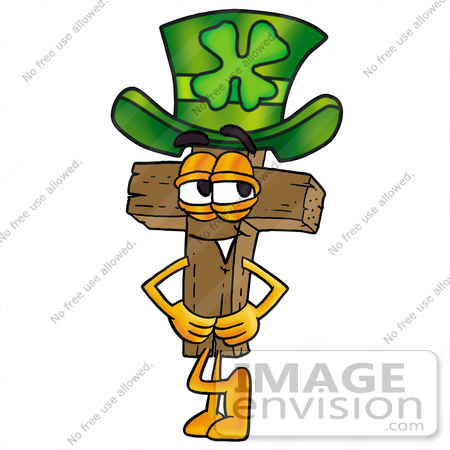 #23509 Clip Art Graphic of a Wooden Cross Cartoon Character Wearing a Saint Patricks Day Hat With a Clover on it by toons4biz