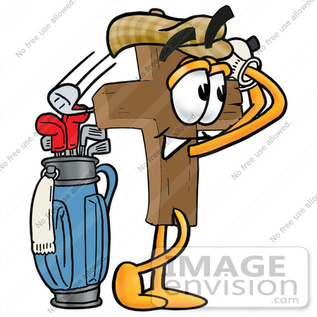#23511 Clip Art Graphic of a Wooden Cross Cartoon Character Leaning on a Golf Club While Golfing by toons4biz