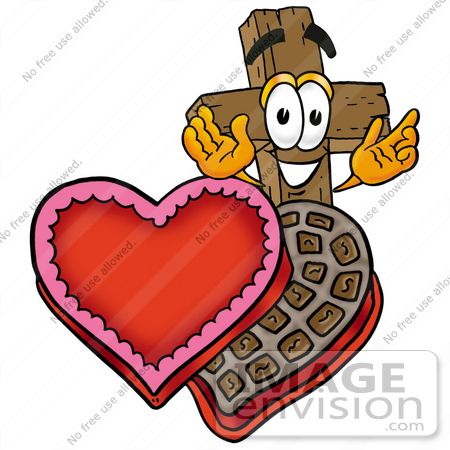 #23514 Clip Art Graphic of a Wooden Cross Cartoon Character With an Open Box of Valentines Day Chocolate Candies by toons4biz