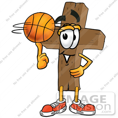 #23515 Clip Art Graphic of a Wooden Cross Cartoon Character Spinning a Basketball on His Finger by toons4biz
