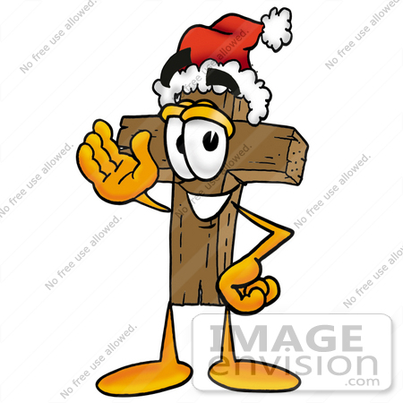 #23518 Clip Art Graphic of a Wooden Cross Cartoon Character Wearing a Santa Hat and Waving by toons4biz