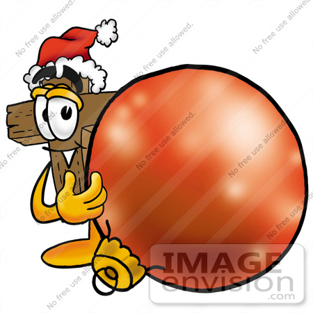 #23519 Clip Art Graphic of a Wooden Cross Cartoon Character Wearing a Santa Hat, Standing With a Christmas Bauble by toons4biz