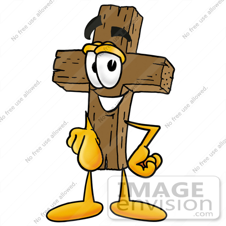 #23523 Clip Art Graphic of a Wooden Cross Cartoon Character Pointing at the Viewer by toons4biz