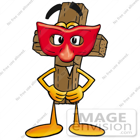 #23525 Clip Art Graphic of a Wooden Cross Cartoon Character Wearing a Red Mask Over His Face by toons4biz