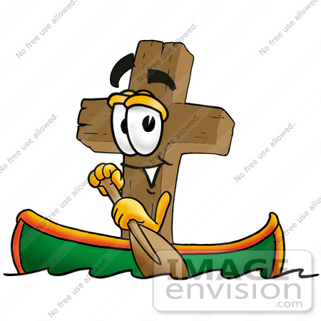 #23526 Clip Art Graphic of a Wooden Cross Cartoon Character Rowing a Boat by toons4biz