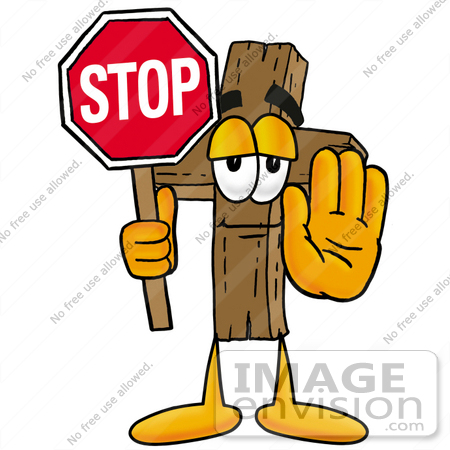 #23527 Clip Art Graphic of a Wooden Cross Cartoon Character Holding a Stop Sign by toons4biz