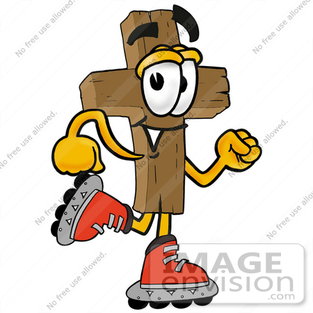 #23528 Clip Art Graphic of a Wooden Cross Cartoon Character Roller Blading on Inline Skates by toons4biz