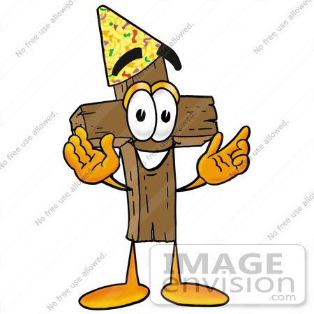 #23529 Clip Art Graphic of a Wooden Cross Cartoon Character Wearing a Birthday Party Hat by toons4biz