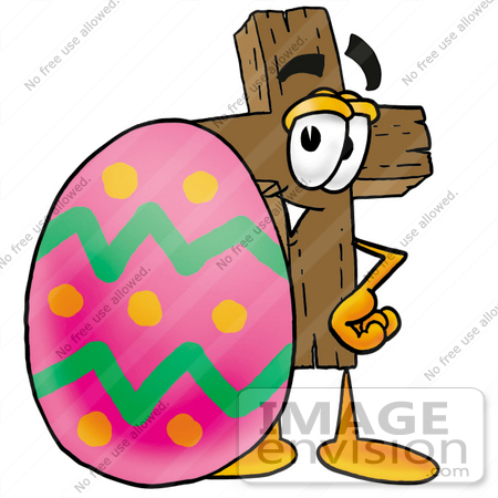 #23533 Clip Art Graphic of a Wooden Cross Cartoon Character Standing Beside an Easter Egg by toons4biz
