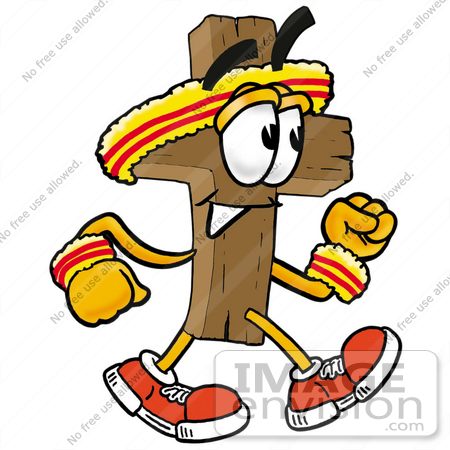 #23534 Clip Art Graphic of a Wooden Cross Cartoon Character Speed Walking or Jogging by toons4biz