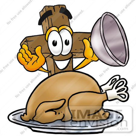 #23535 Clip Art Graphic of a Wooden Cross Cartoon Character Serving a Thanksgiving Turkey on a Platter by toons4biz
