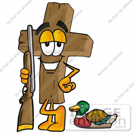 #23536 Clip Art Graphic of a Wooden Cross Cartoon Character Duck Hunting, Standing With a Rifle and Duck by toons4biz