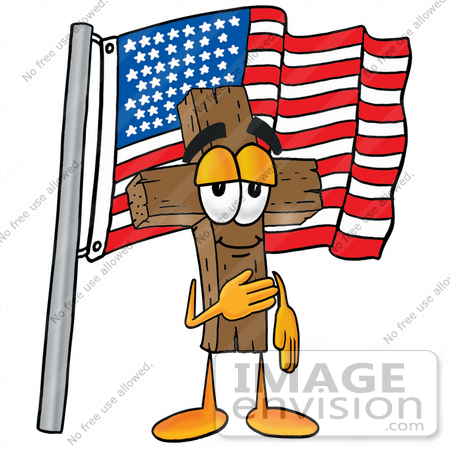 #23537 Clip Art Graphic of a Wooden Cross Cartoon Character Pledging Allegiance to an American Flag by toons4biz