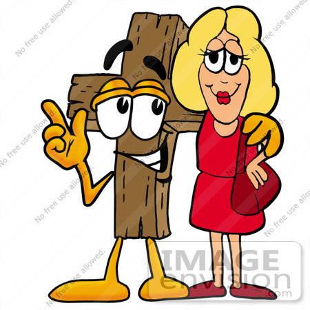 #23539 Clip Art Graphic of a Wooden Cross Cartoon Character Talking to a Pretty Blond Woman by toons4biz