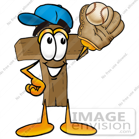 #23540 Clip Art Graphic of a Wooden Cross Cartoon Character Catching a Baseball With a Glove by toons4biz