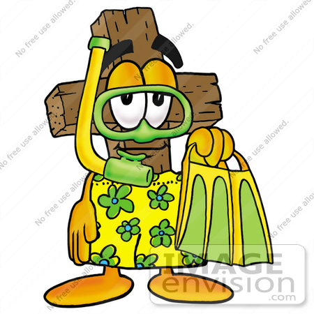 #23543 Clip Art Graphic of a Wooden Cross Cartoon Character in Green and Yellow Snorkel Gear by toons4biz