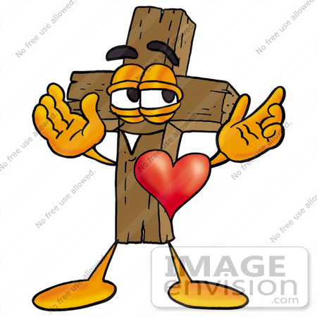 #23544 Clip Art Graphic of a Wooden Cross Cartoon Character With His Heart Beating Out of His Chest by toons4biz