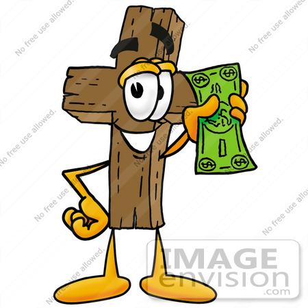 #23545 Clip Art Graphic of a Wooden Cross Cartoon Character Holding a Dollar Bill by toons4biz