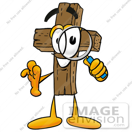 #23546 Clip Art Graphic of a Wooden Cross Cartoon Character Looking Through a Magnifying Glass by toons4biz