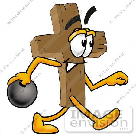 #23548 Clip Art Graphic of a Wooden Cross Cartoon Character Holding a Bowling Ball by toons4biz