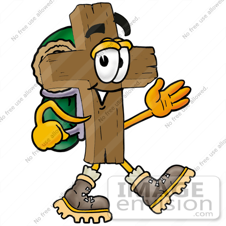 #23550 Clip Art Graphic of a Wooden Cross Cartoon Character Hiking and Carrying a Backpack by toons4biz