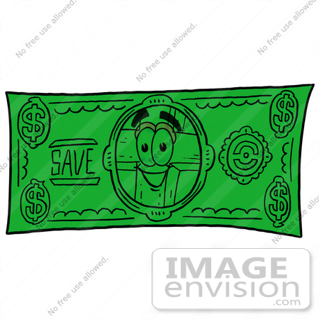 #23551 Clip Art Graphic of a Wooden Cross Cartoon Character on a Dollar Bill by toons4biz