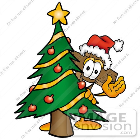#23552 Clip Art Graphic of a Wooden Cross Cartoon Character Waving and Standing by a Decorated Christmas Tree by toons4biz