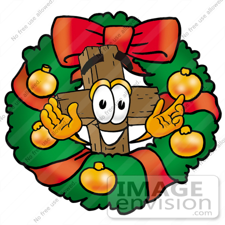 #23553 Clip Art Graphic of a Wooden Cross Cartoon Character in the Center of a Christmas Wreath by toons4biz