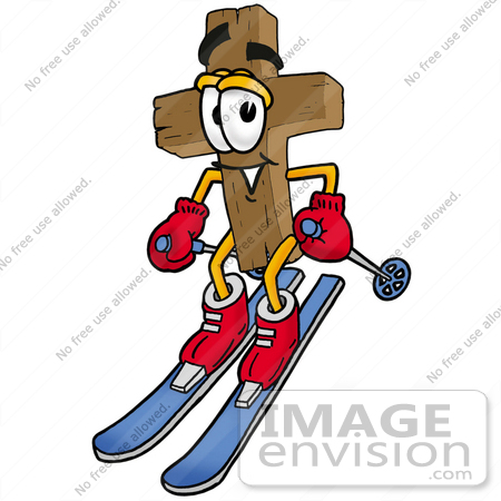 #23556 Clip Art Graphic of a Wooden Cross Cartoon Character Skiing Downhill by toons4biz